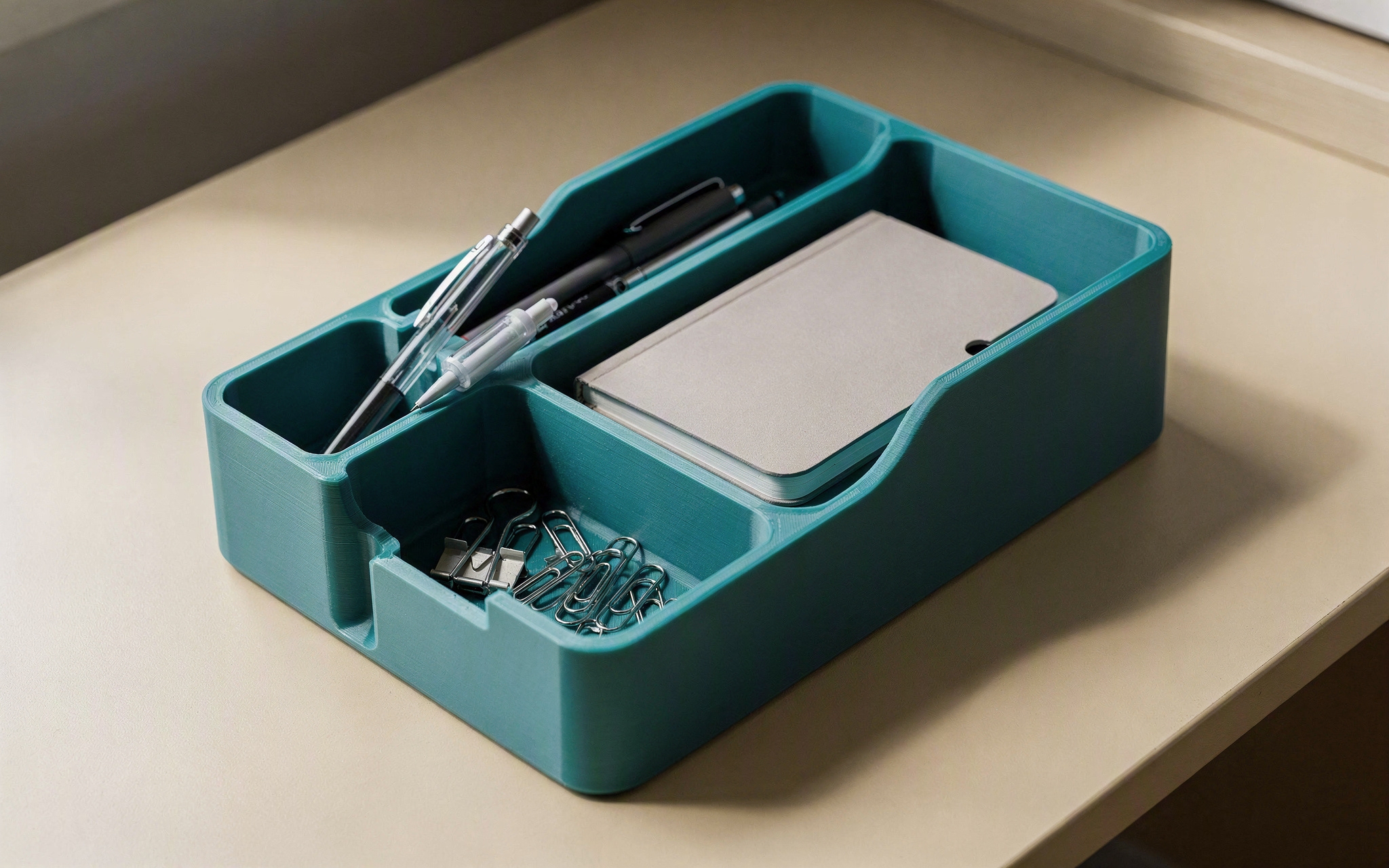 A 3D-printed desk organiser holding pens, clips and a notebook