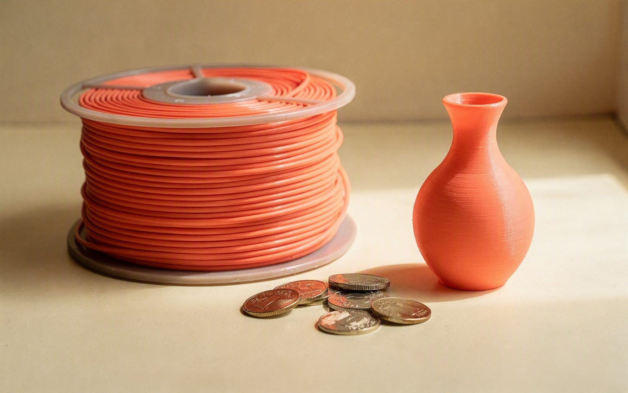 A spool of filament beside one very small finished printed part