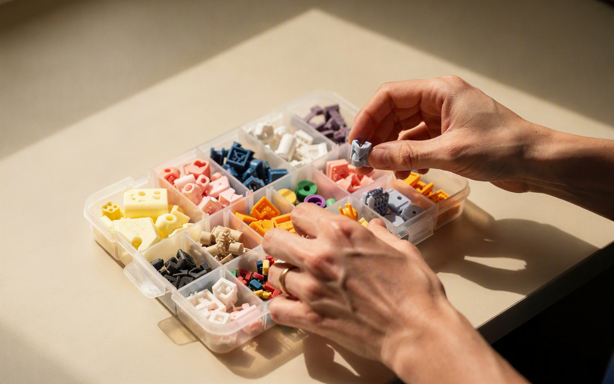 Hands sorting dozens of small 3D-printed parts into compartment trays