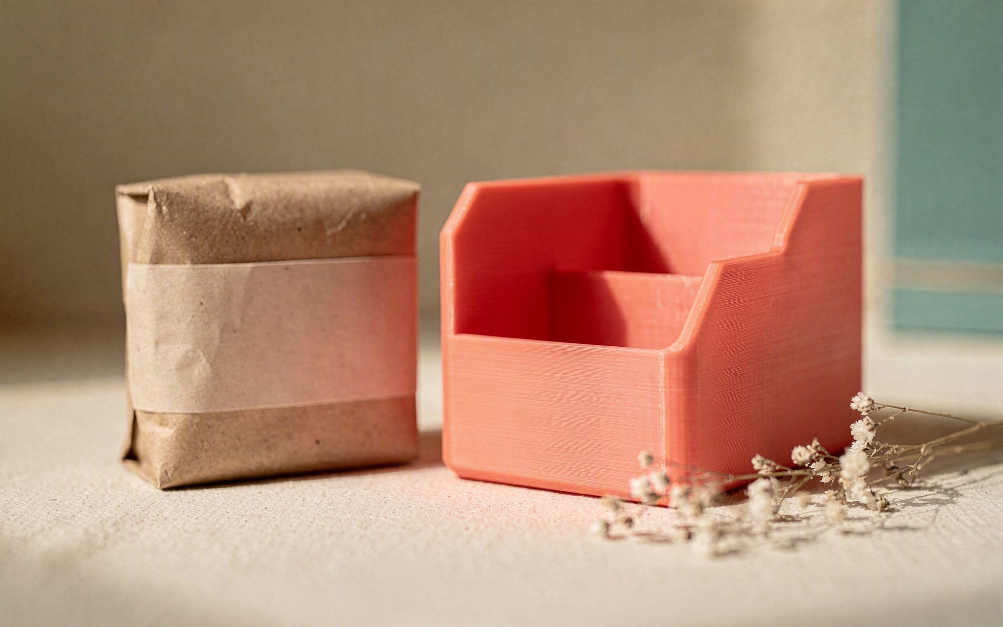 A small unbranded parcel beside a printed desk organiser on a pale surface