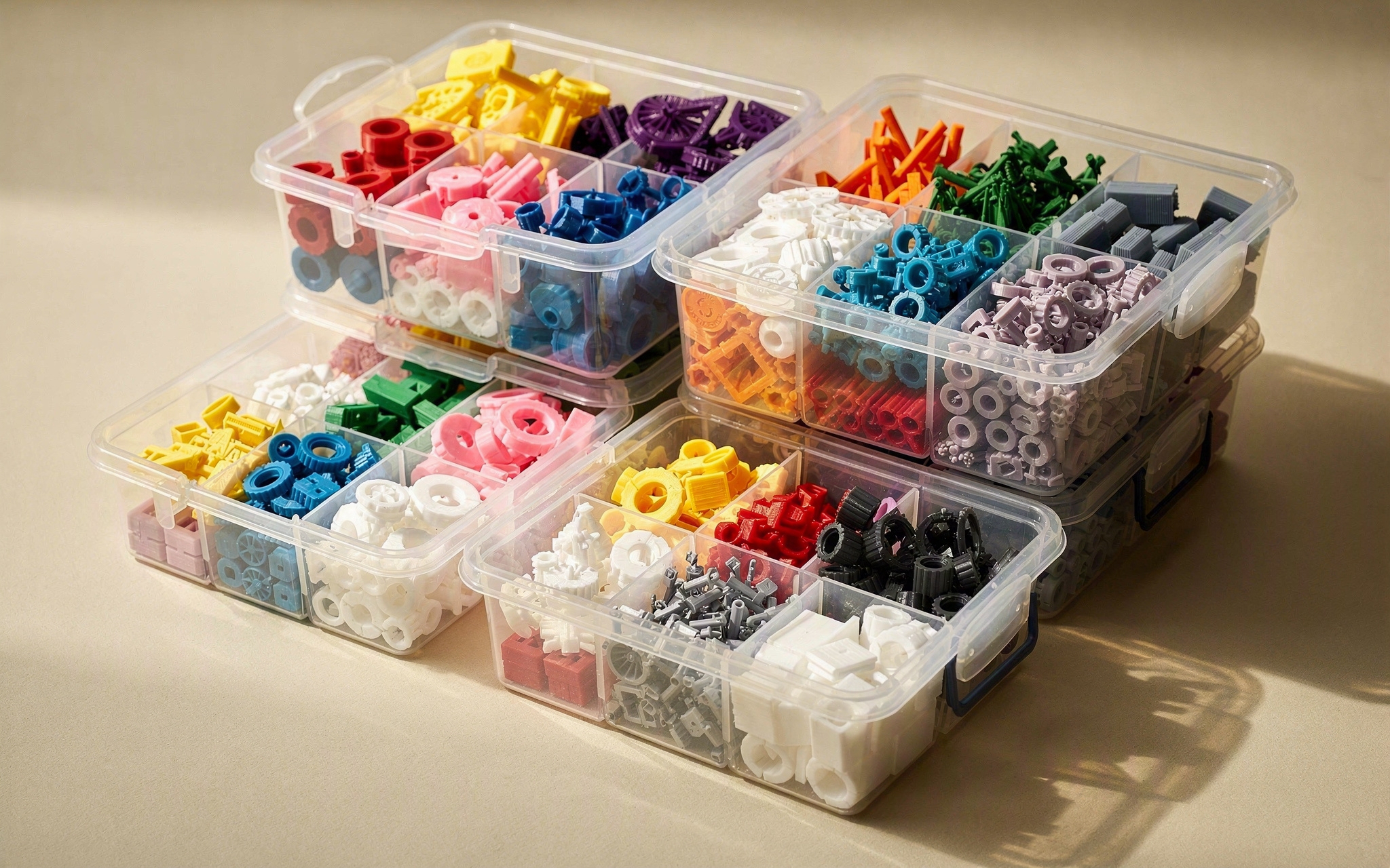 Stacked bins filled with finished 3D-printed parts