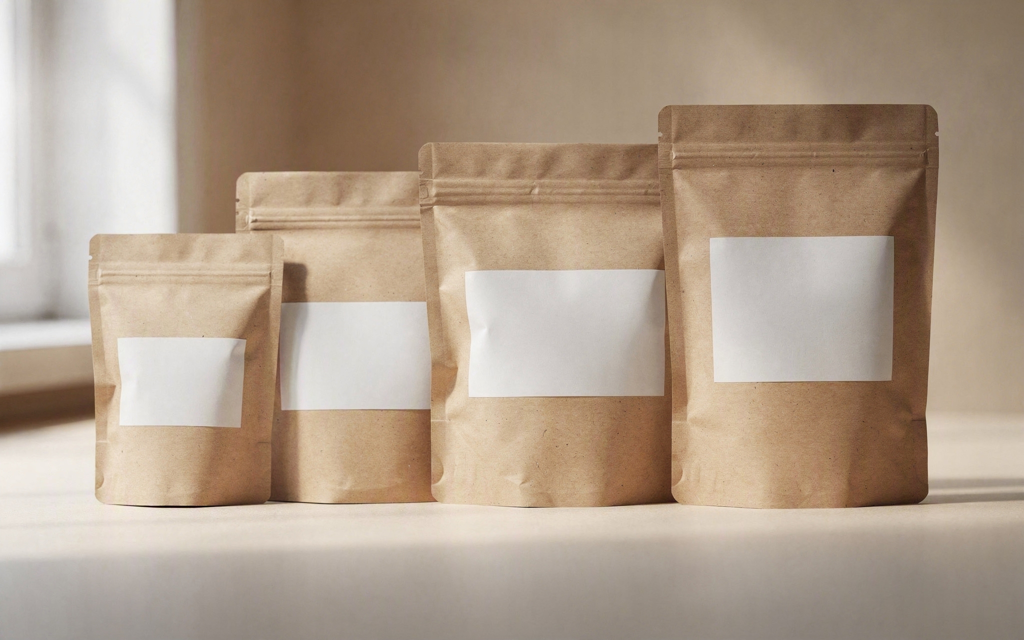 A row of sealed unbranded kraft parcels of varying sizes on a pale surface