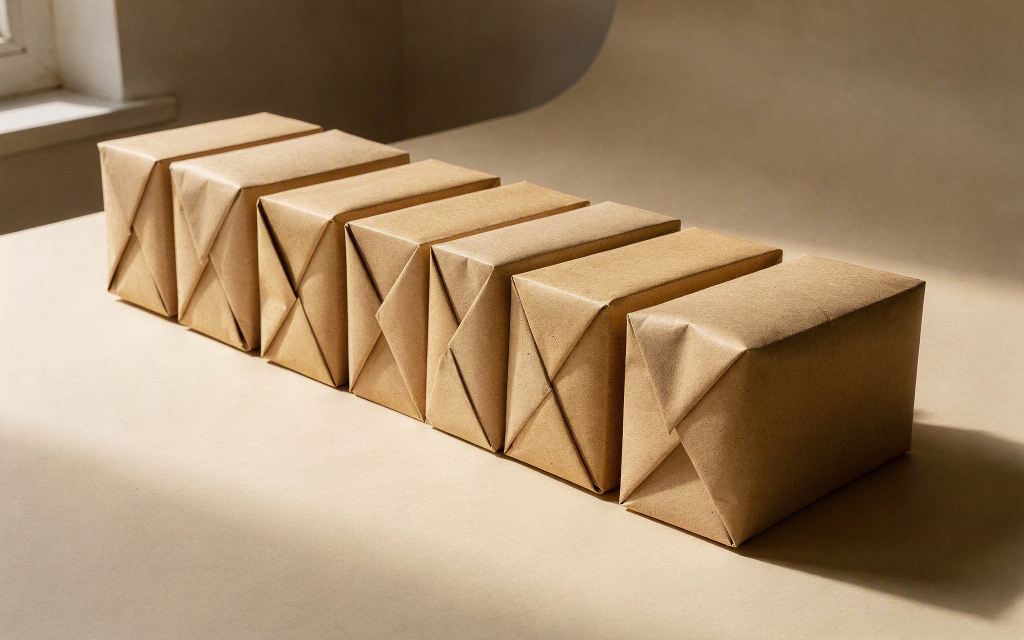 A row of sealed kraft parcels ready for dispatch
