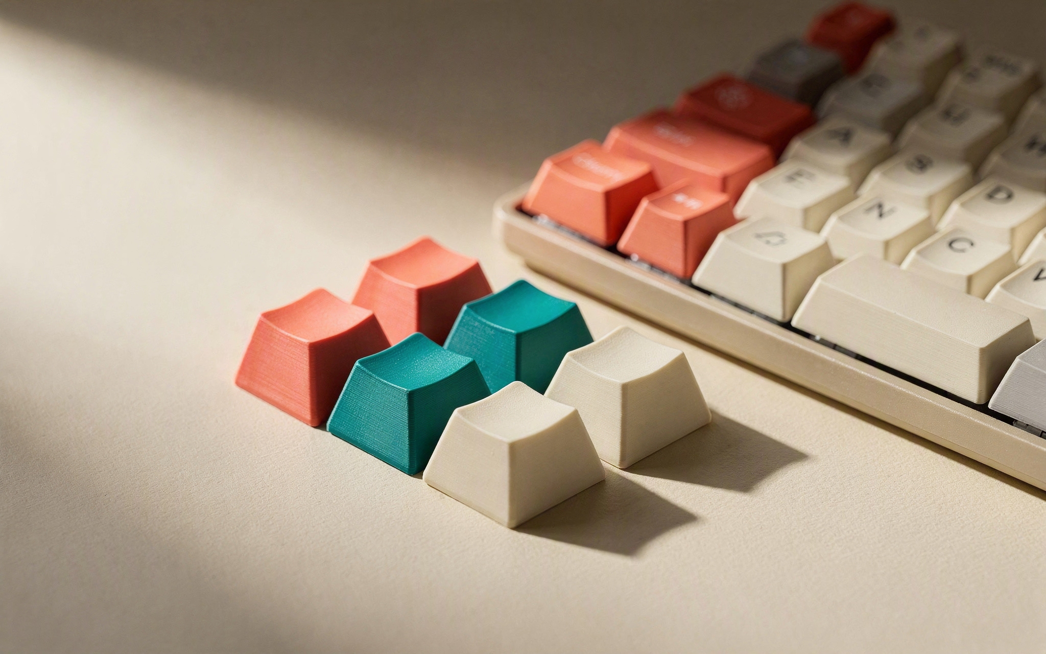 A cluster of colourful 3D-printed keyboard keycaps