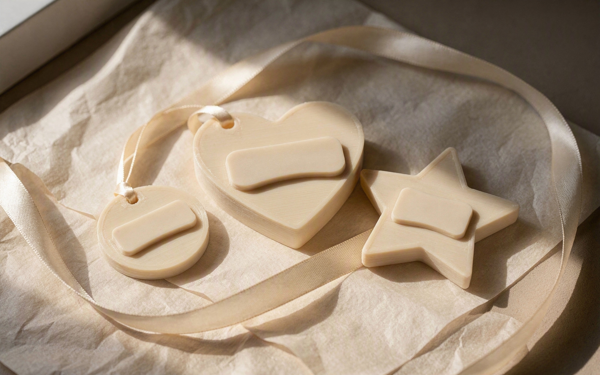 Three personalised 3D-printed keepsakes with blank nameplates on tissue paper
