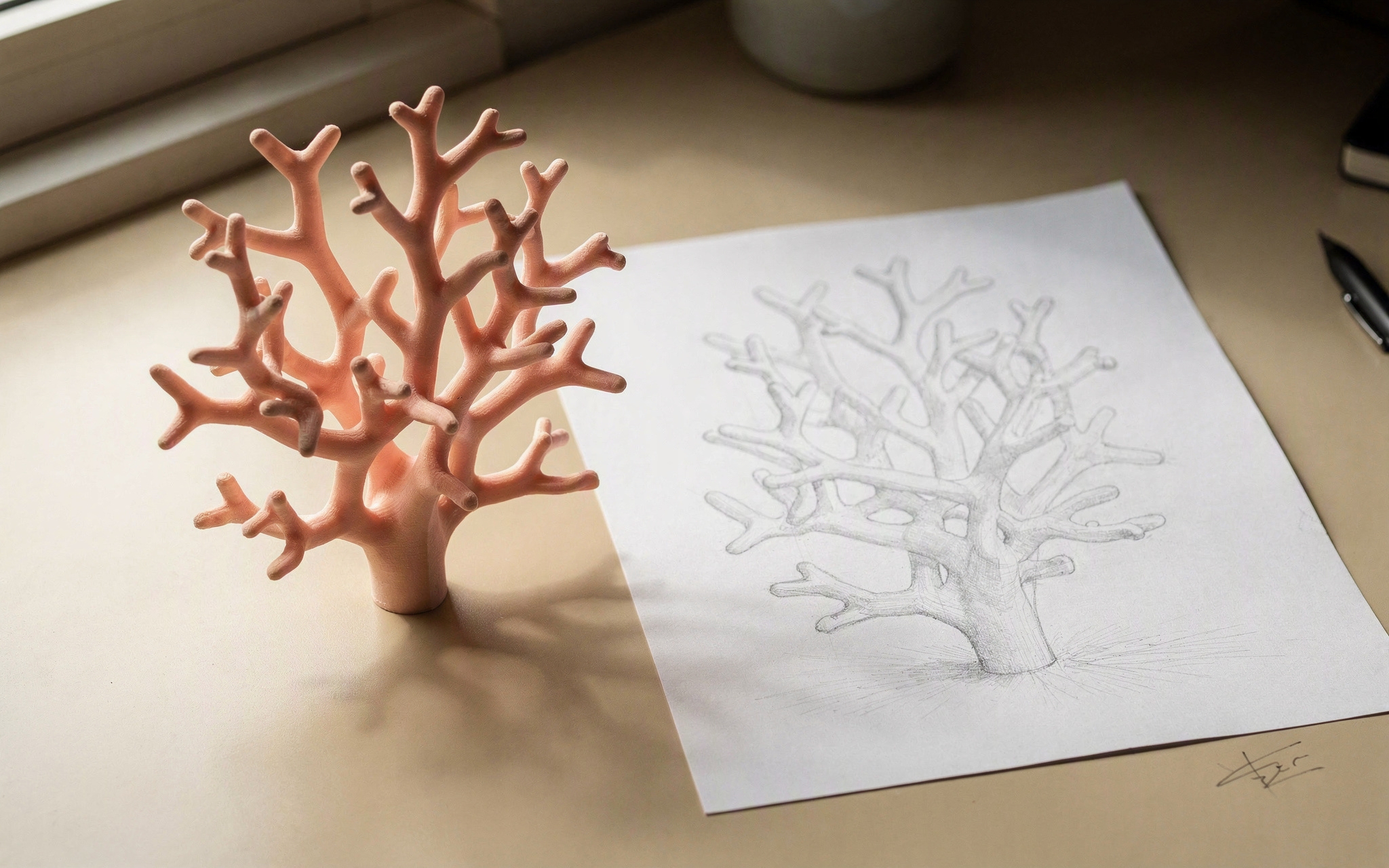 A pencil sketch beside the finished 3D-printed object it produced