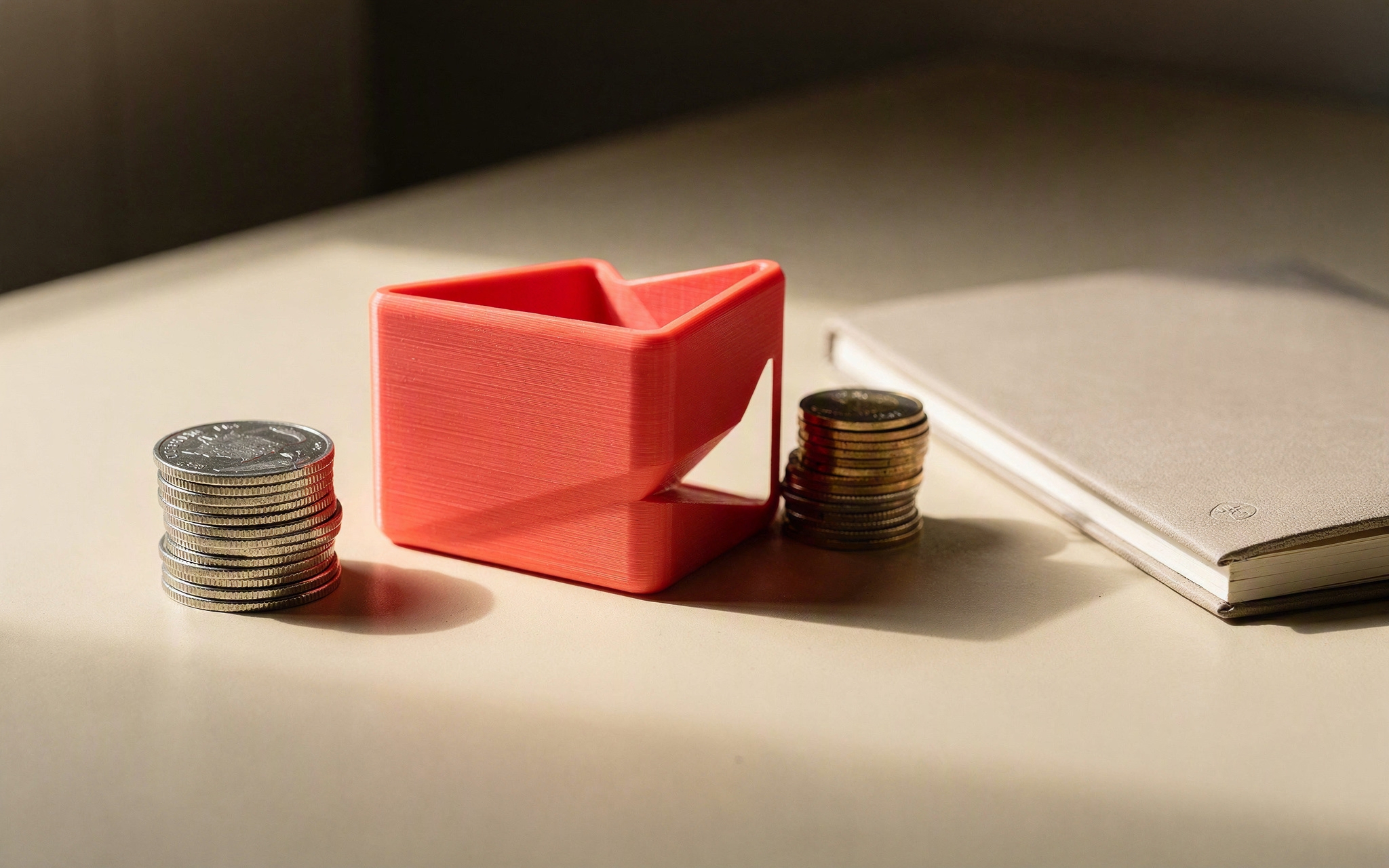 A 3D-printed product beside an open notebook, a pen and coins