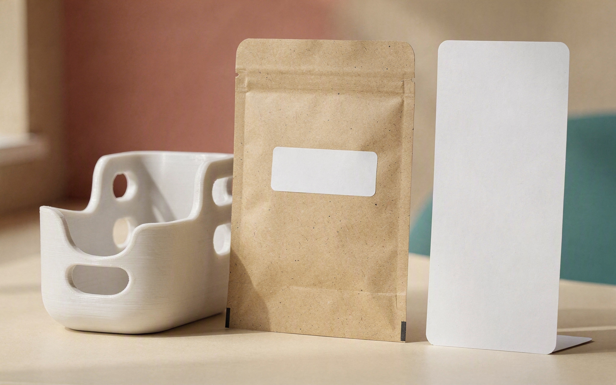 A printed desk organiser beside a plain shipping mailer and a blank label