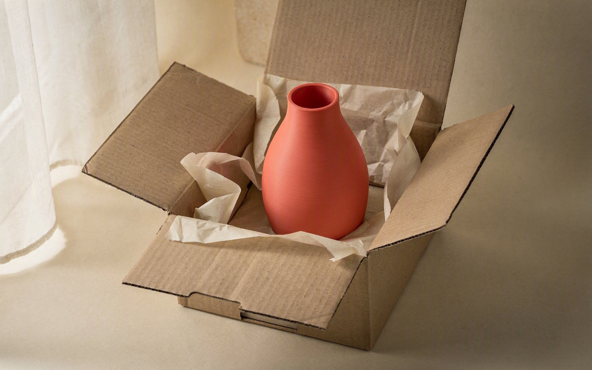An open kraft box with tissue paper revealing a 3D-printed product