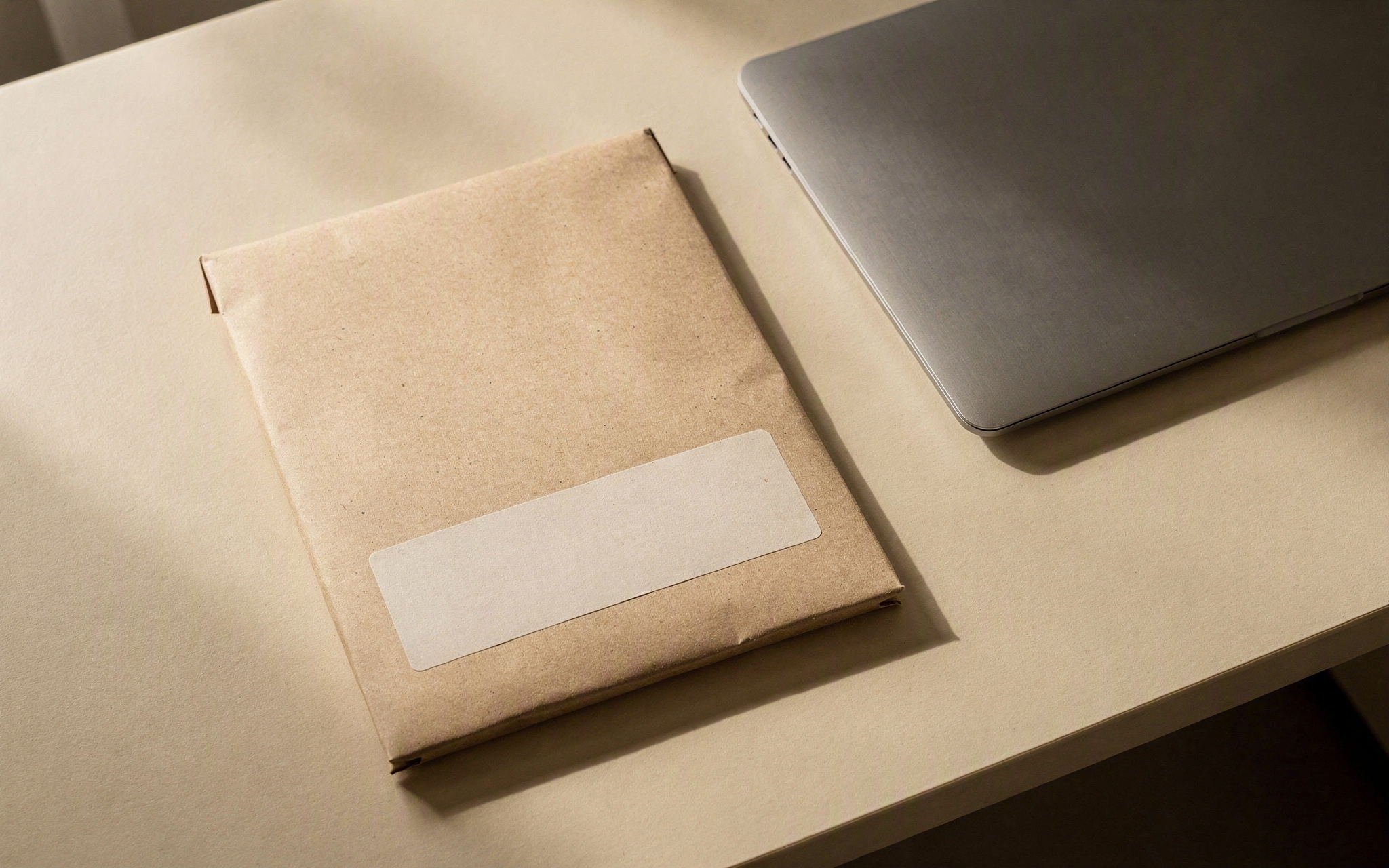 A sealed kraft parcel with a shipping label on a desk beside a closed laptop