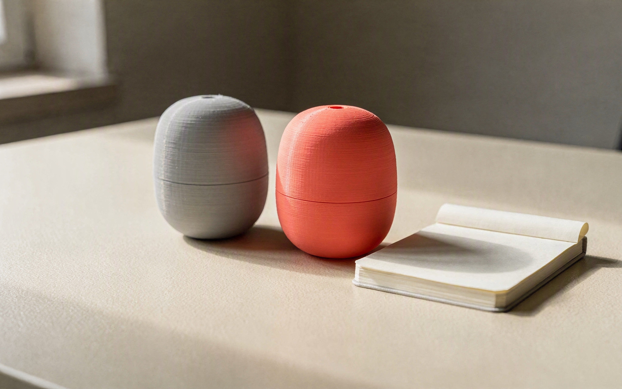 A rough grey prototype beside its refined finished version