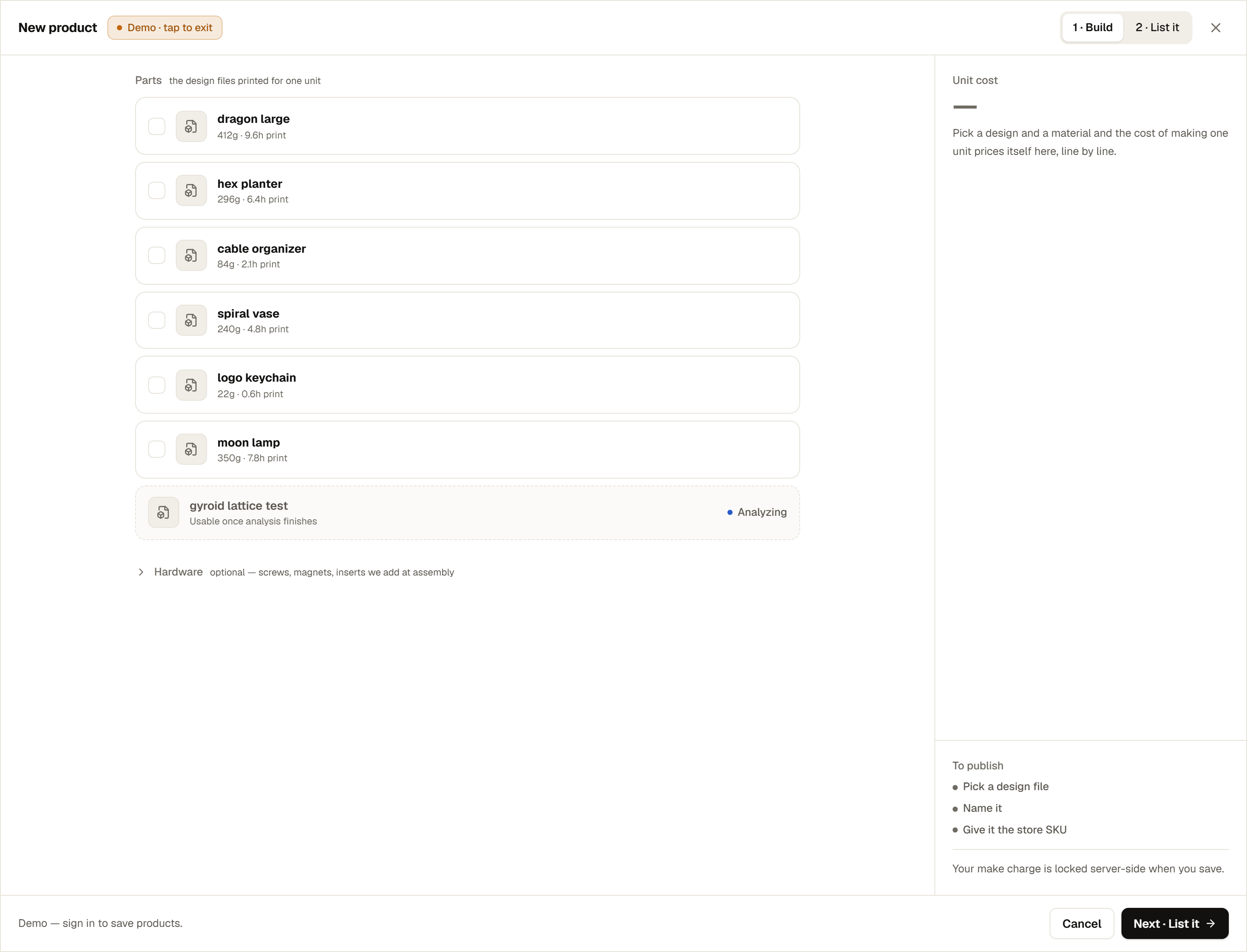 The New Product Composer on step 1 · Build, showing the design-file list with copy steppers, the Hardware disclosure, the make-cost-per-unit receipt rail, and the To-publish checklist.