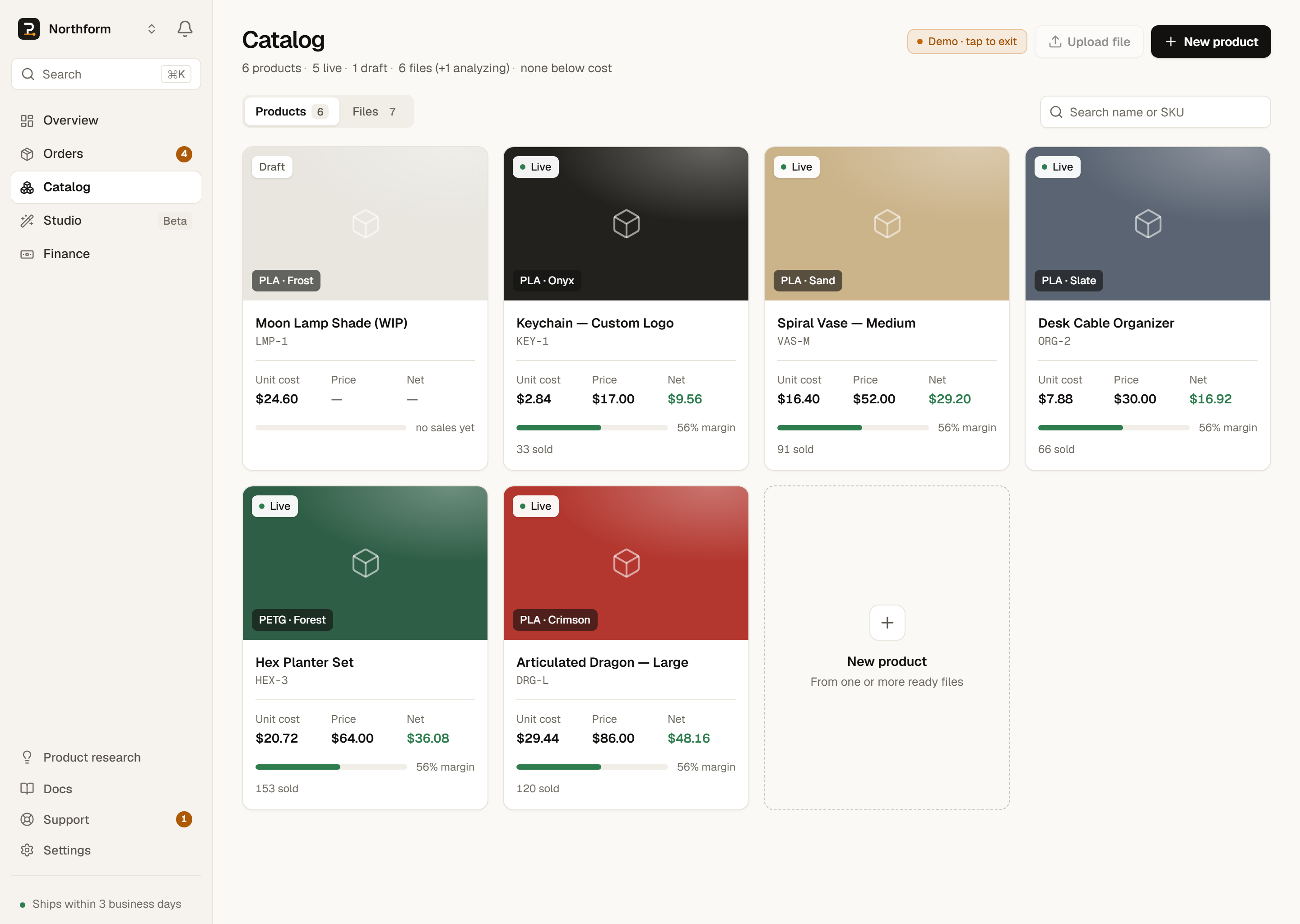 The Catalog page showing a Live, Drafts, Designs, and Below-cost stat strip above the Products and Files tabs