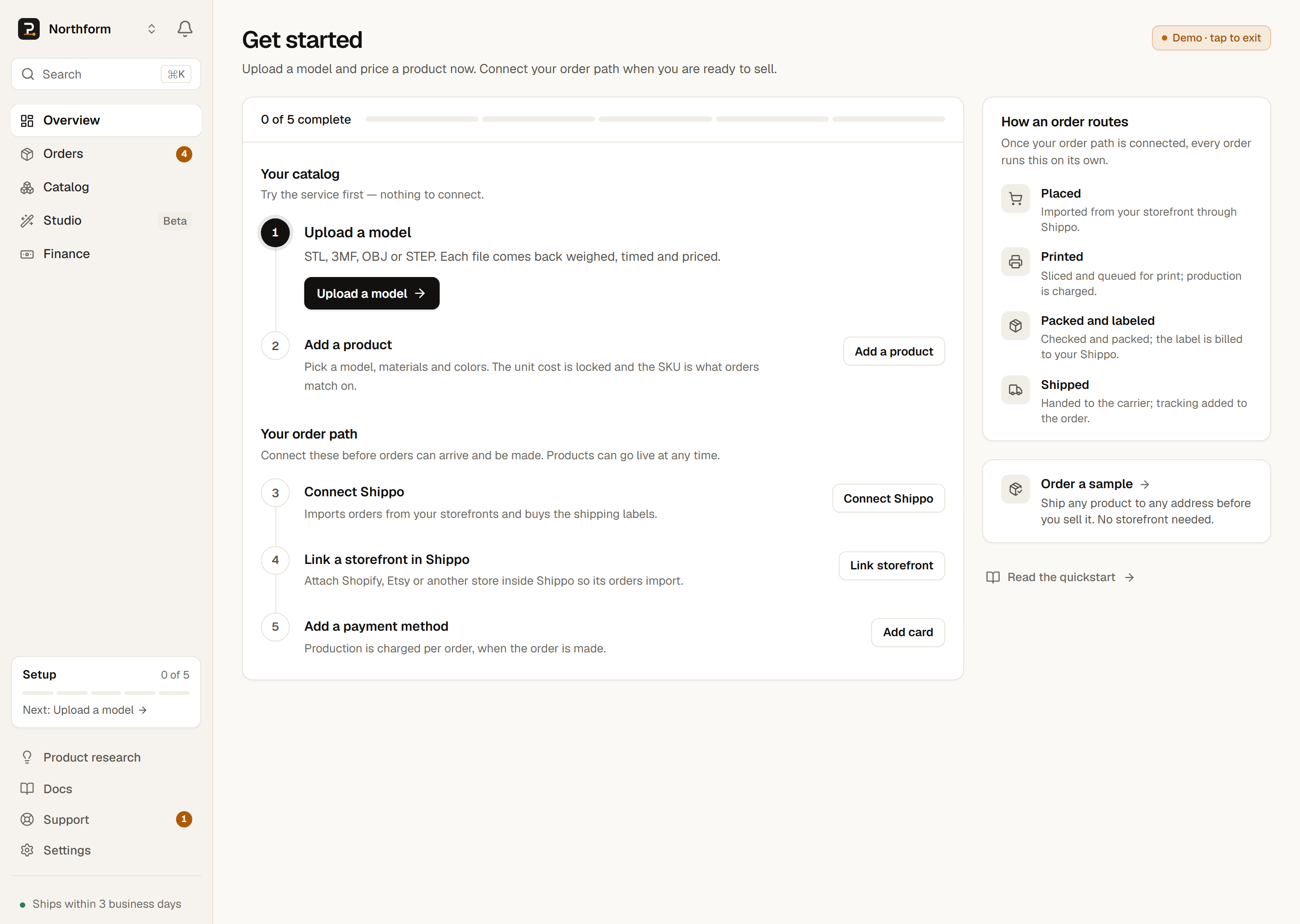Overview for a new seller: Get started, with Your catalog (Upload a model, Add a product) and Your order path (Connect Shippo, Link a storefront, Add a payment method), and How an order routes beside them.