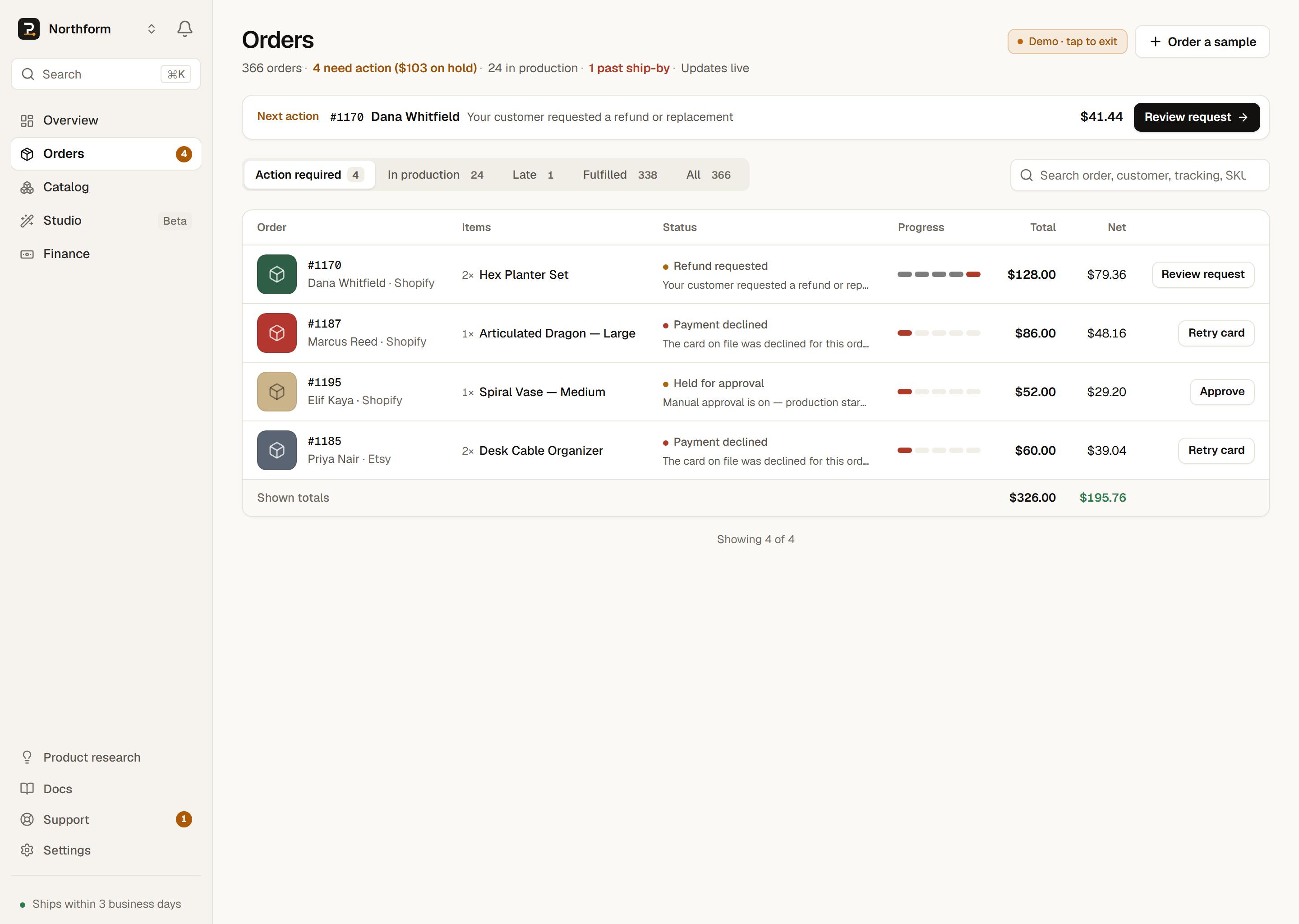 The Orders page with Action required, In production, Late, Fulfilled, and All tabs above rows flagged Payment declined, Refund requested, and Held for approval, each with its action button.
