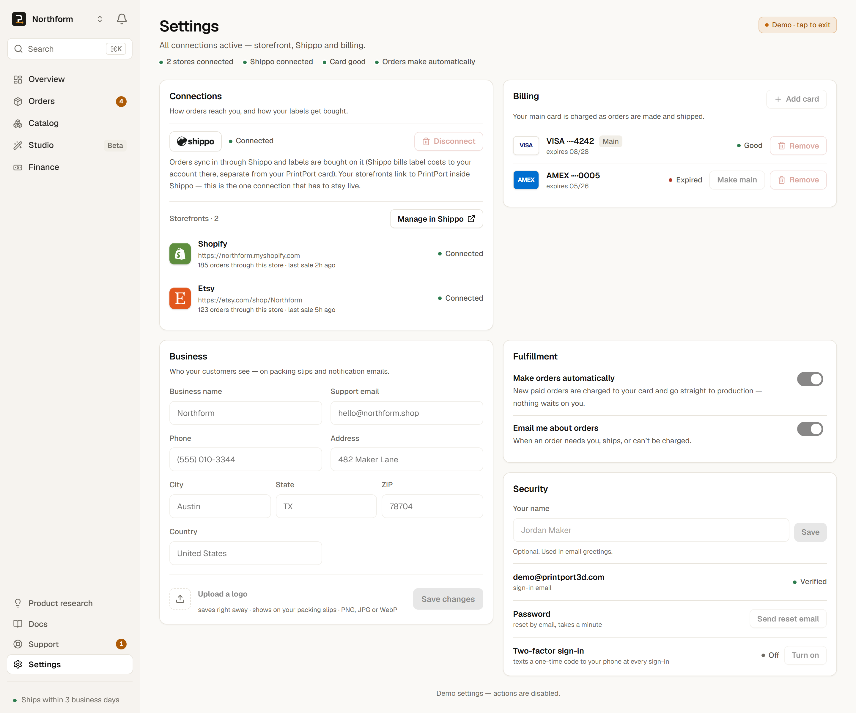 The Settings page scrolled to show its Connections, Billing, Business, Fulfillment, and Security panels stacked on one page.