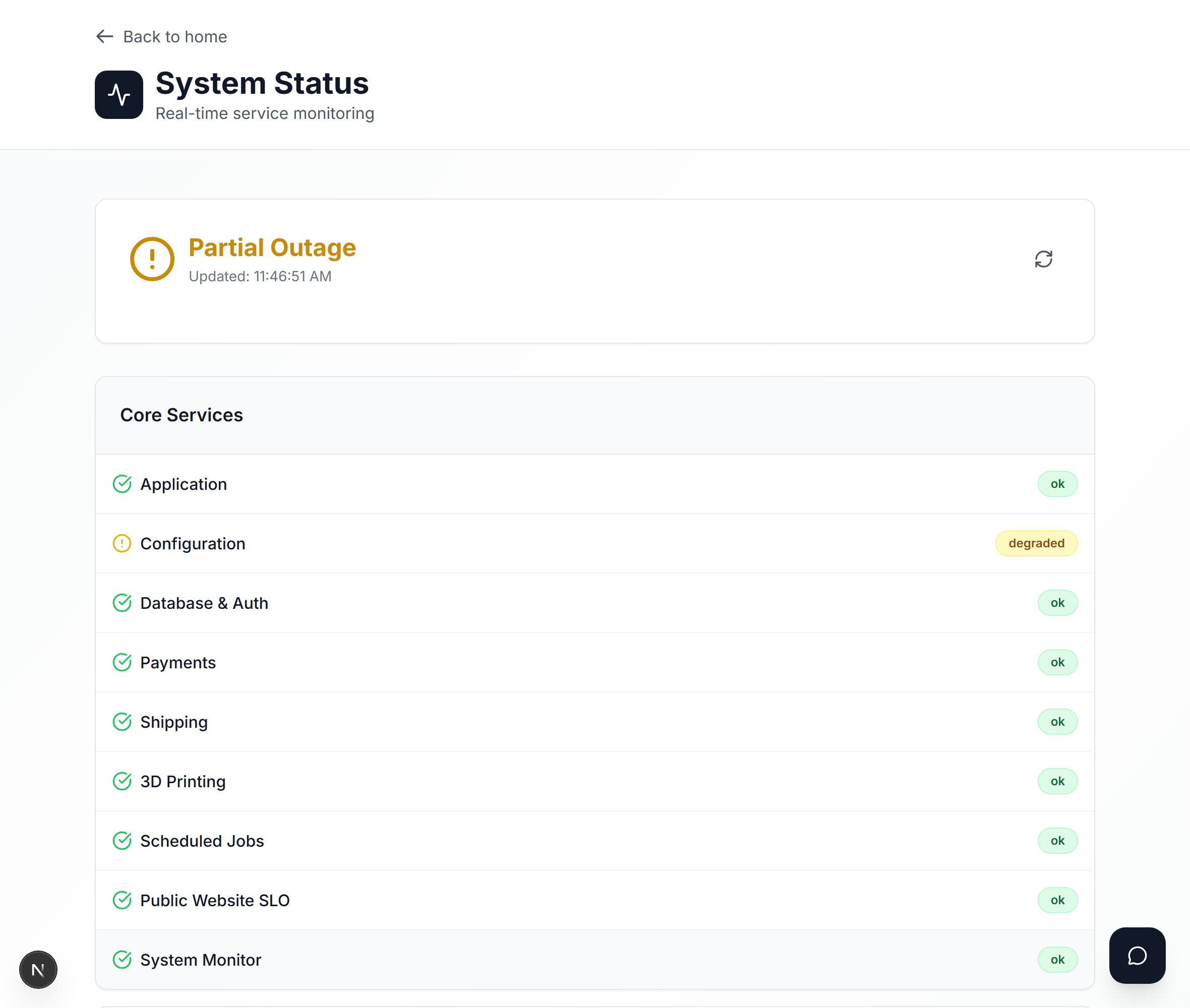 The public /status page showing the overall status banner above a list of Core Services, each with a colored dot and badge.