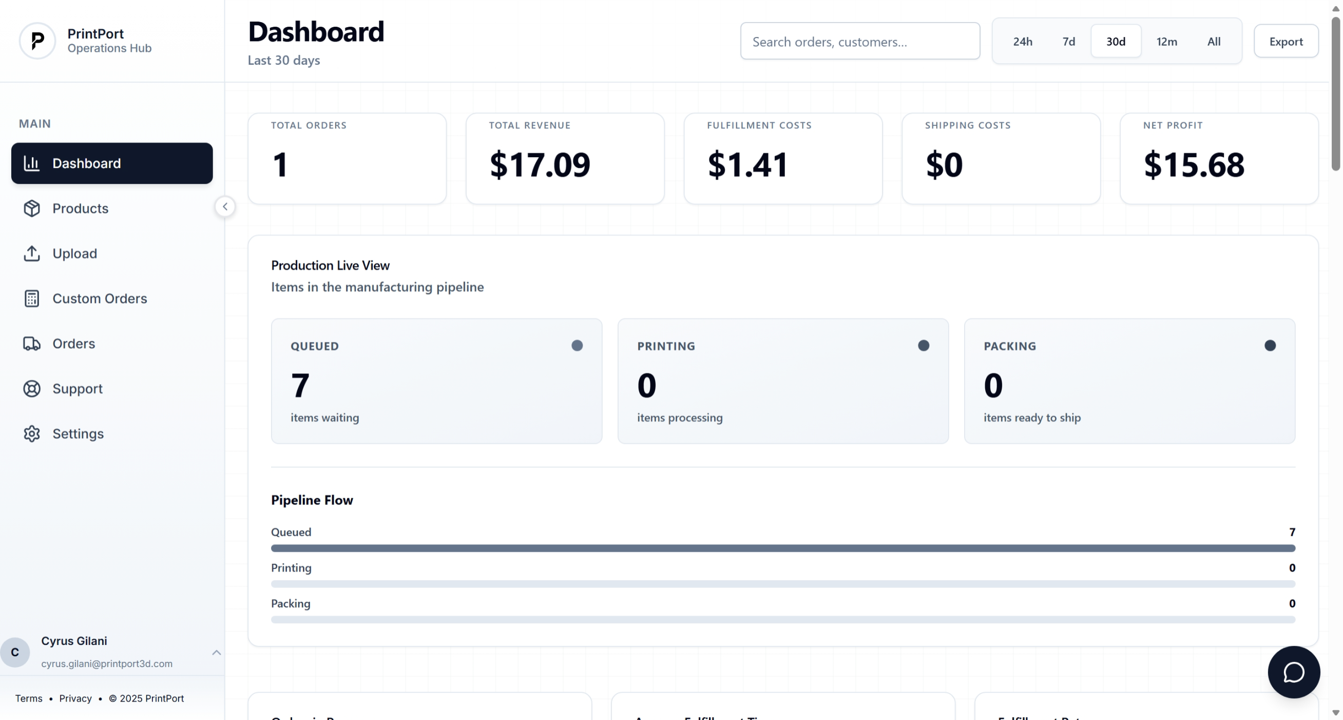 PrintPort3D Dashboard showing production pipeline