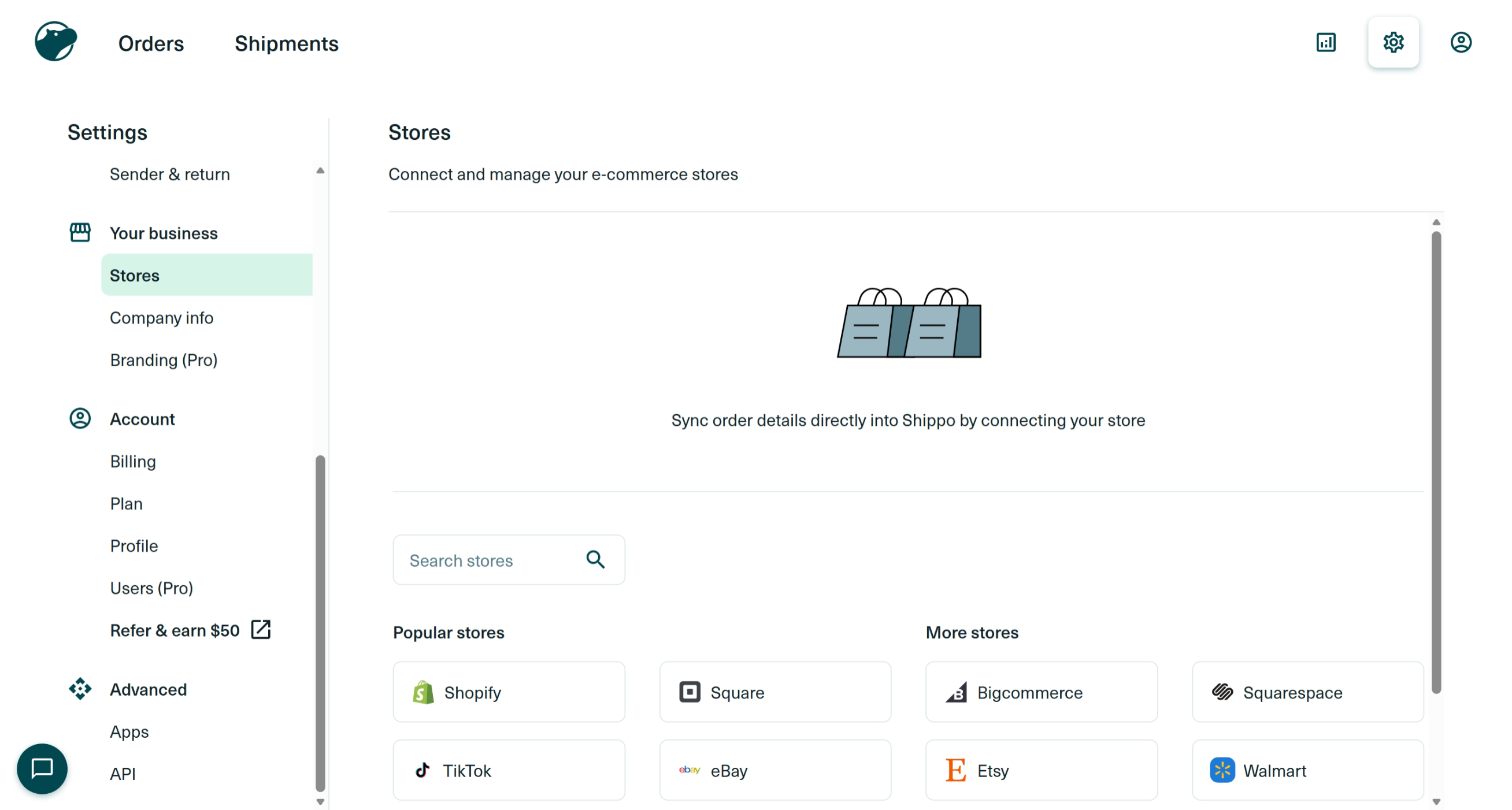 Shippo stores page