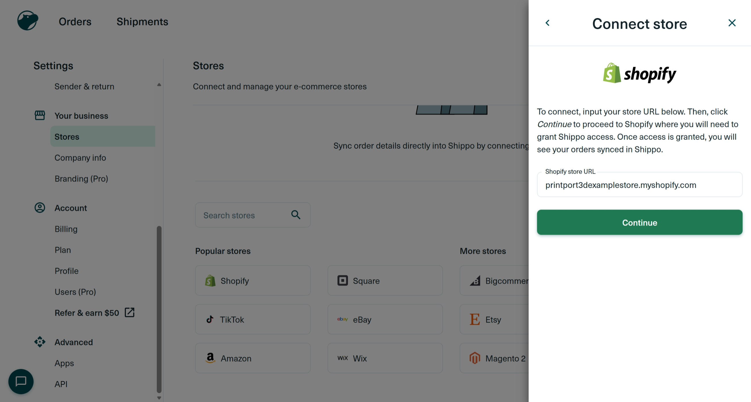 Enter Shopify store URL