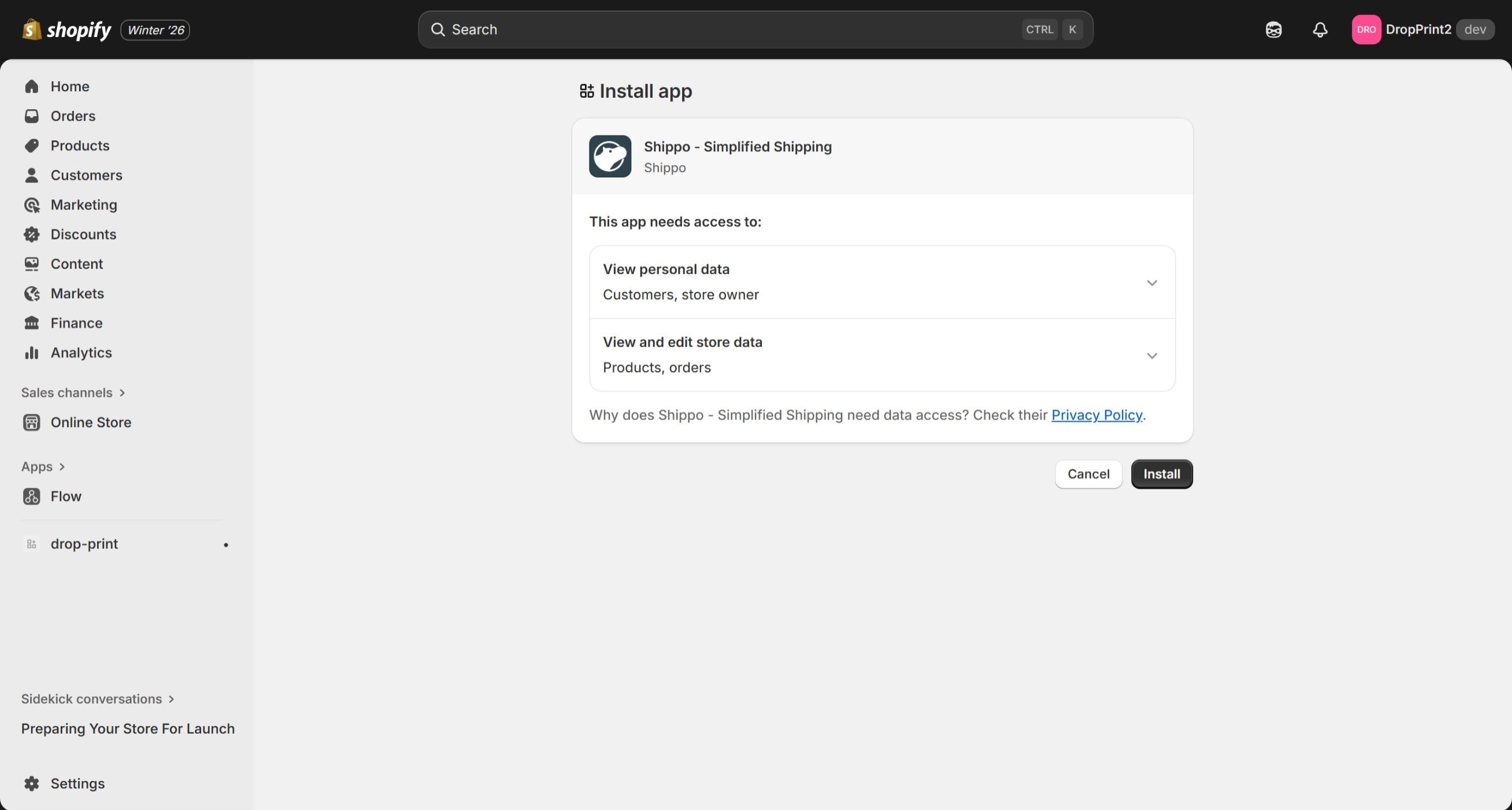 Shopify install app permission