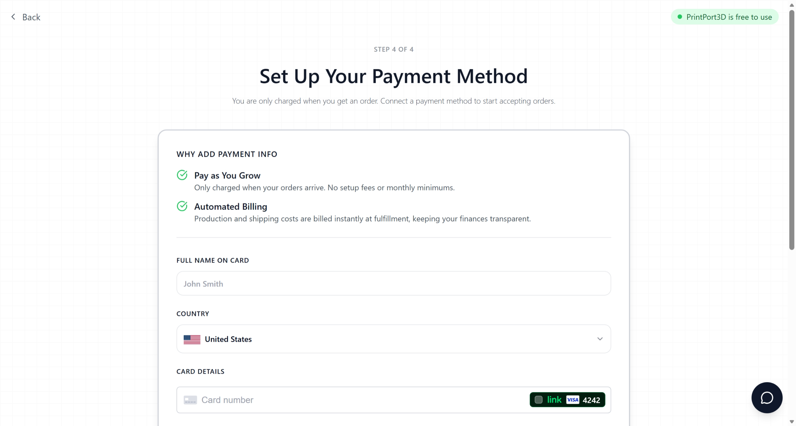 Payment method setup screen