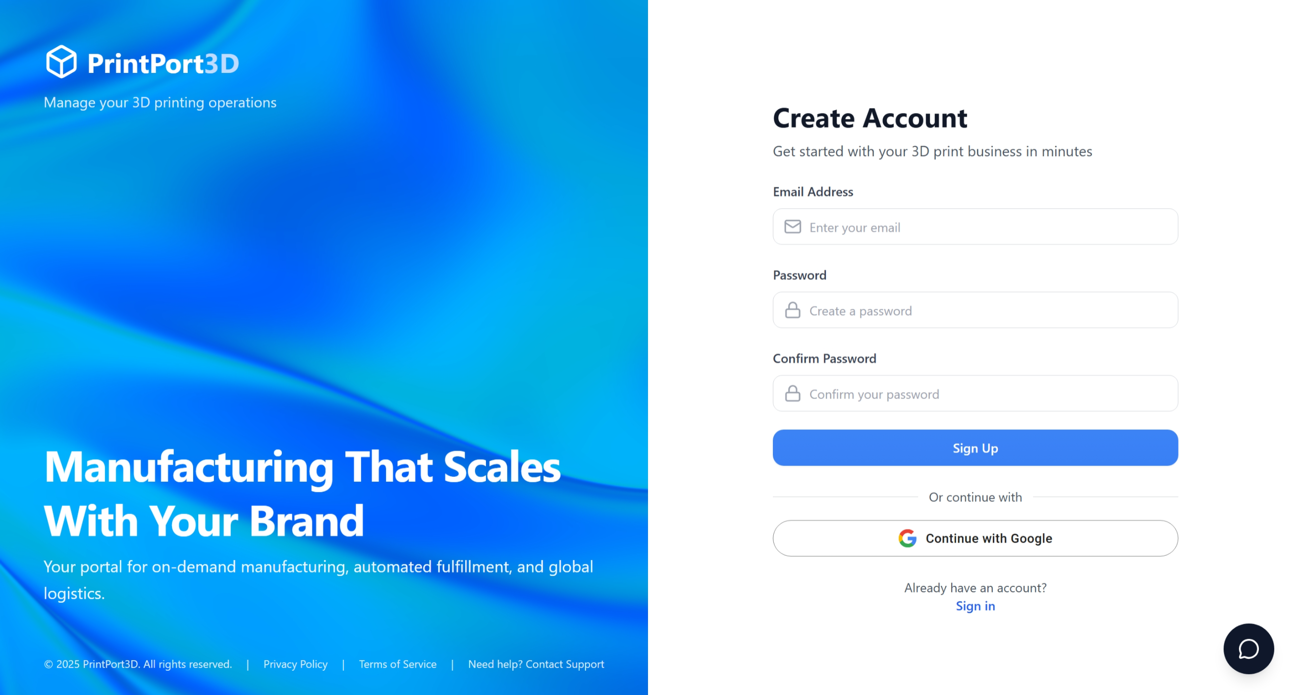 PrintPort3D signup page