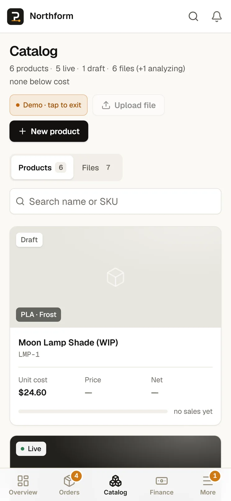 The Catalog screen: live products with their unit cost, price, net and margin.