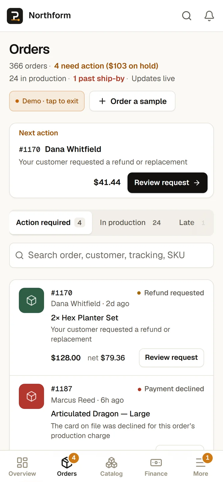 The Orders screen: action required, in production, late and fulfilled, with the product, progress, total and net on each order.