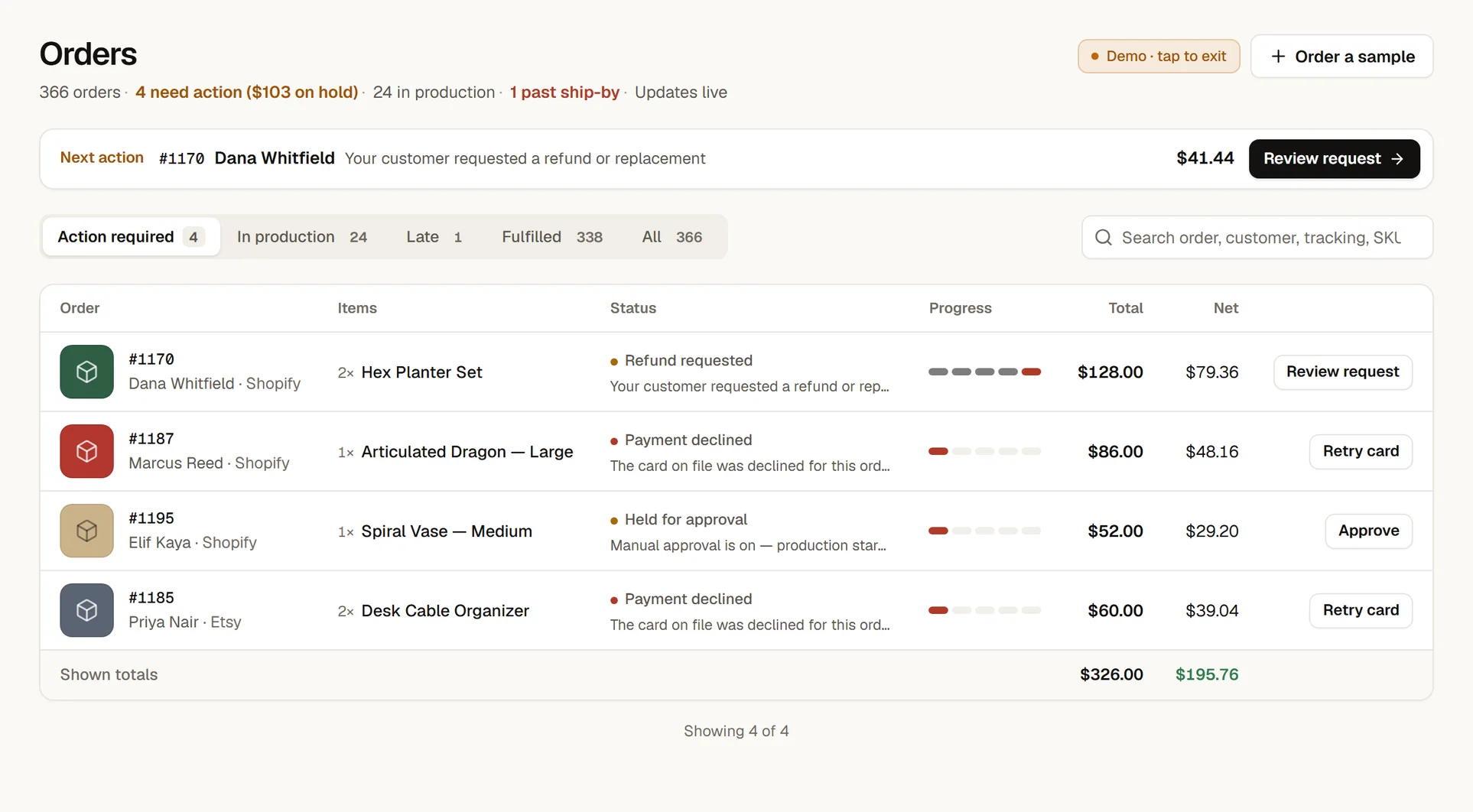 The Orders screen: action required, in production, late and fulfilled, with the product, progress, total and net on each order.